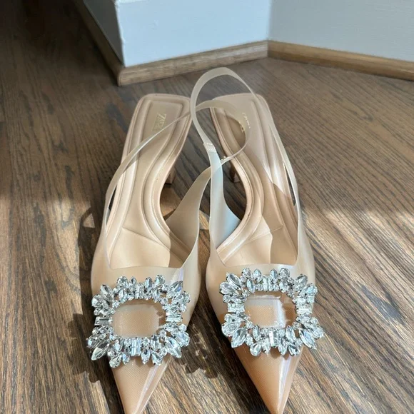 Zara Nude Pointed-Toe Slingback Flats with Crystal Buckle - Picture 1 of 7
